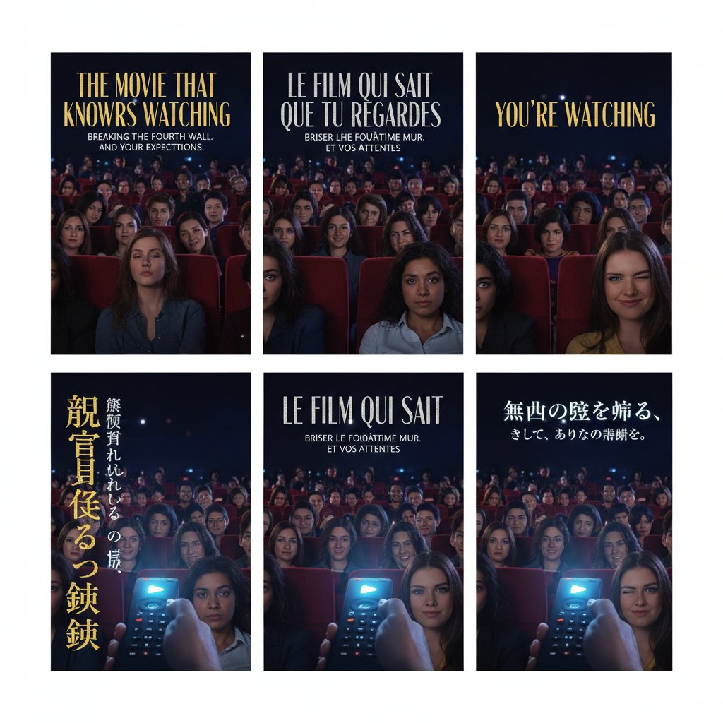 Collage of international film posters featuring iconic fourth wall moments