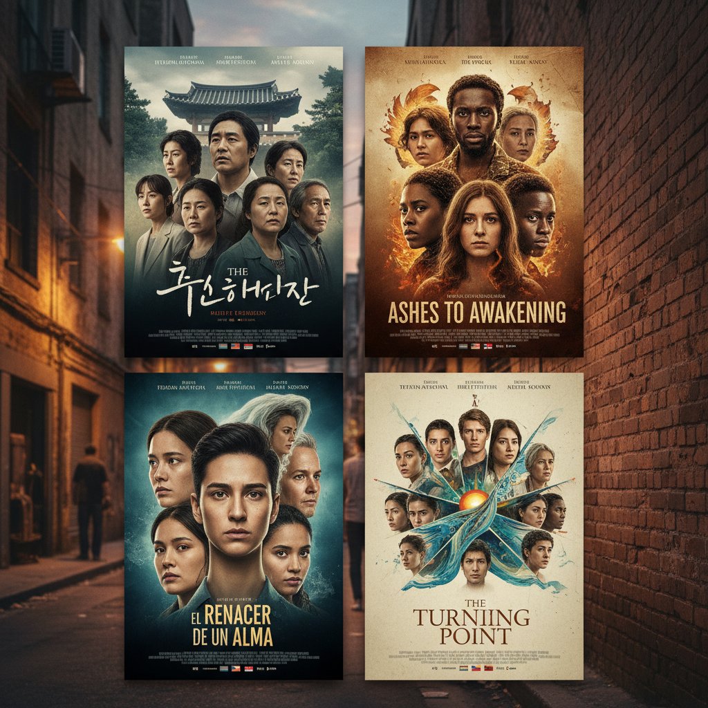 Montage of international rehab movie posters, diverse faces, movie rehabilitation movies