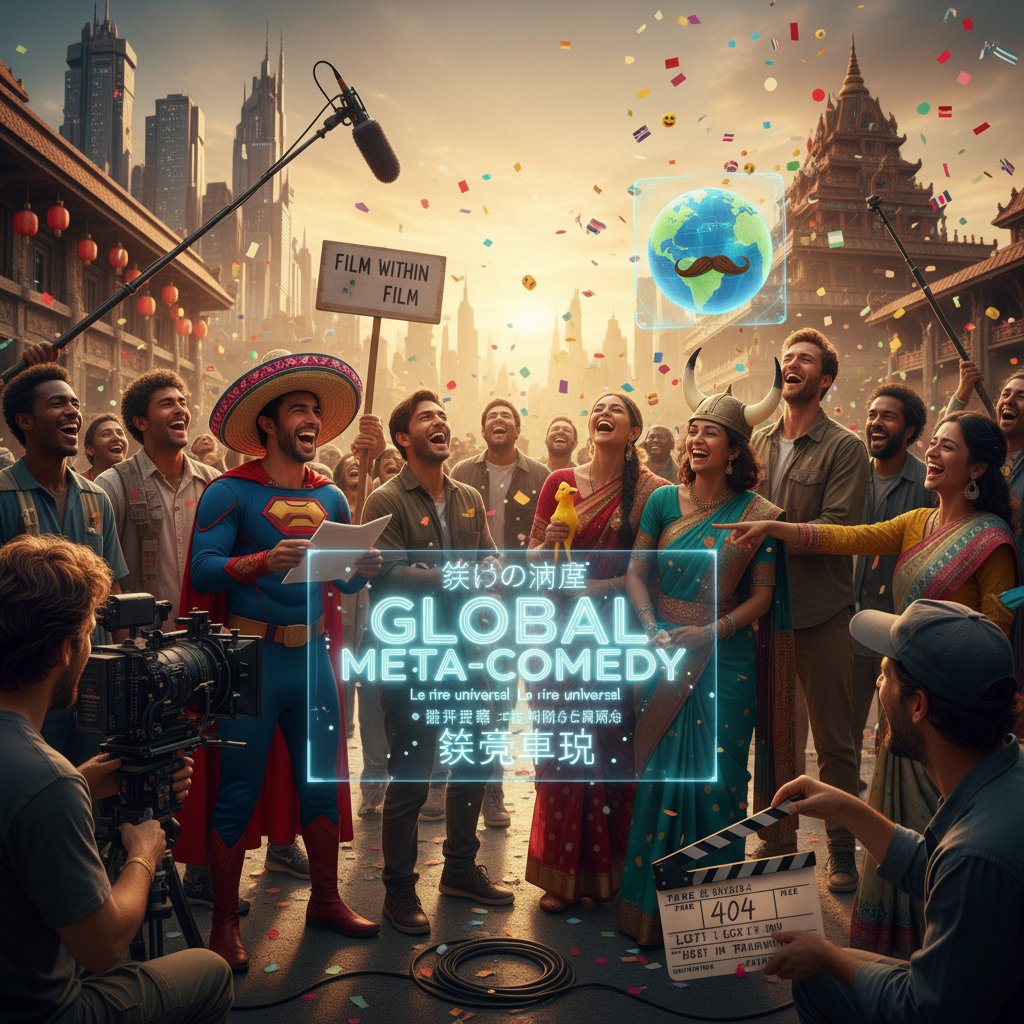 Photo depicting an international film set, actors from different countries laughing, signifying global self-aware humor