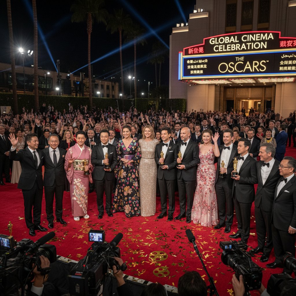 International filmmakers celebrating at the Oscars, symbolizing global reach