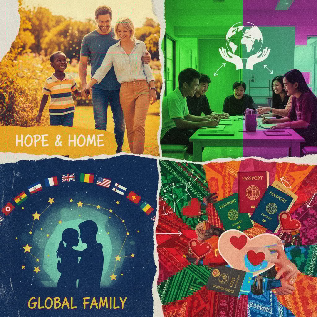 Kolaż międzynarodowych scen pieczy zastępczej, wyraziste kolory, różne kraje