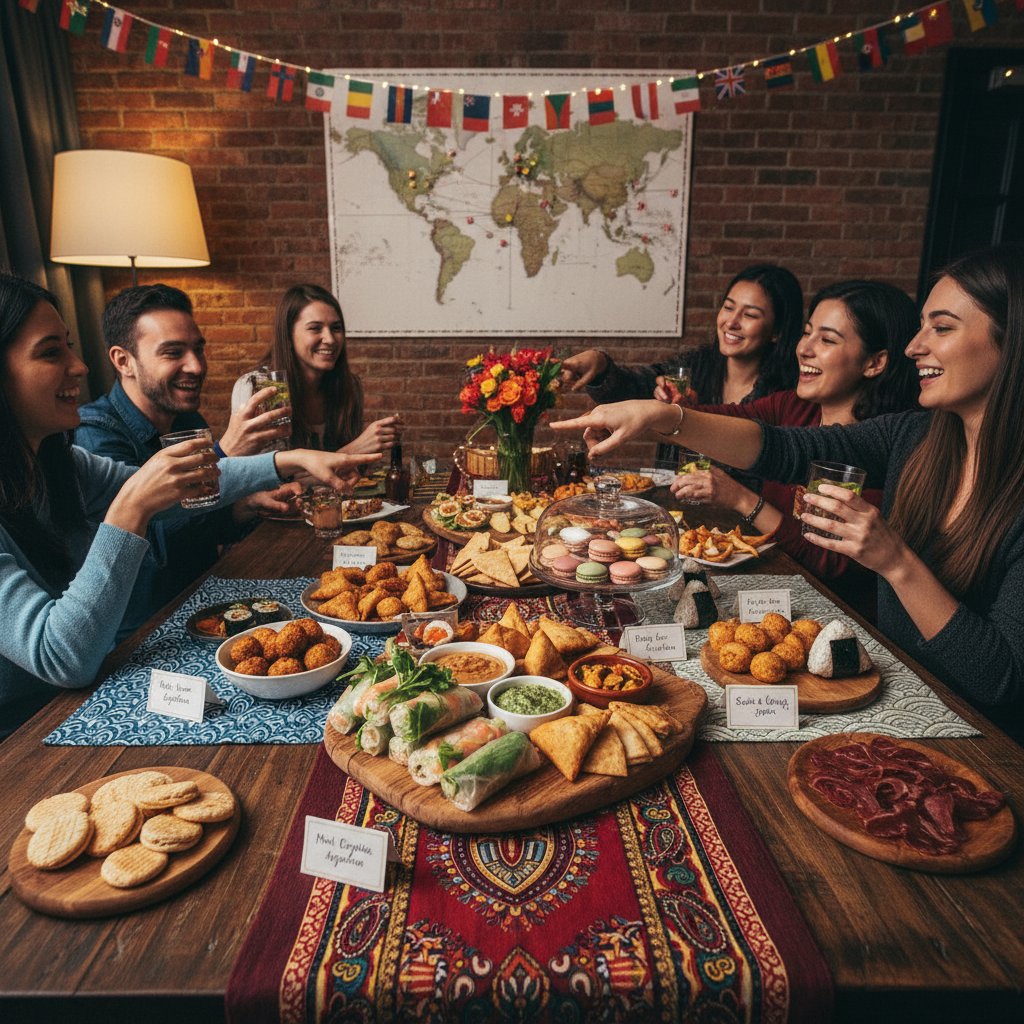 International friends enjoying a cross-cultural movie drinking game night, unique snacks and decorations