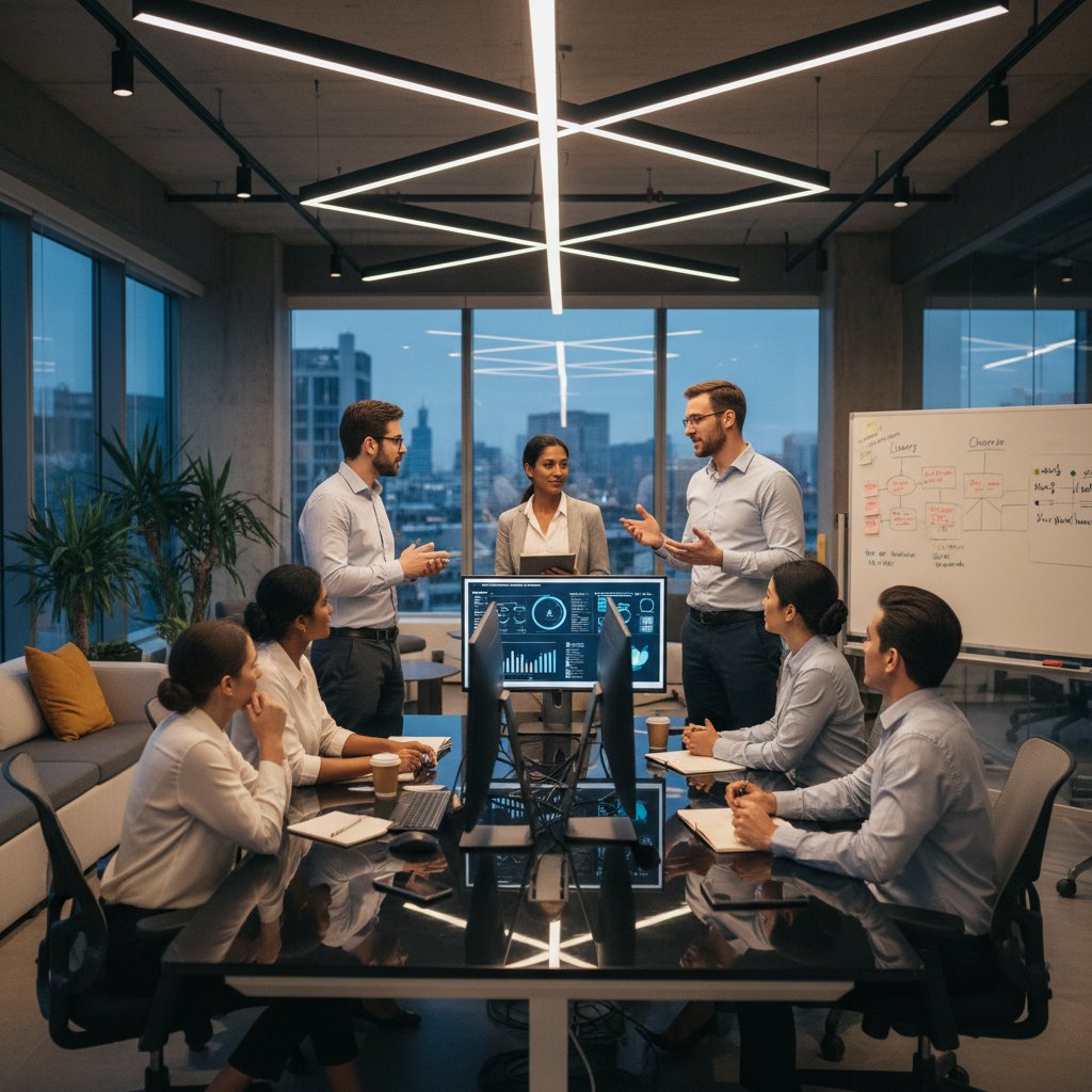 Międzynarodowa grupa specjalistów debatująca o pracy w nowoczesnym biurze