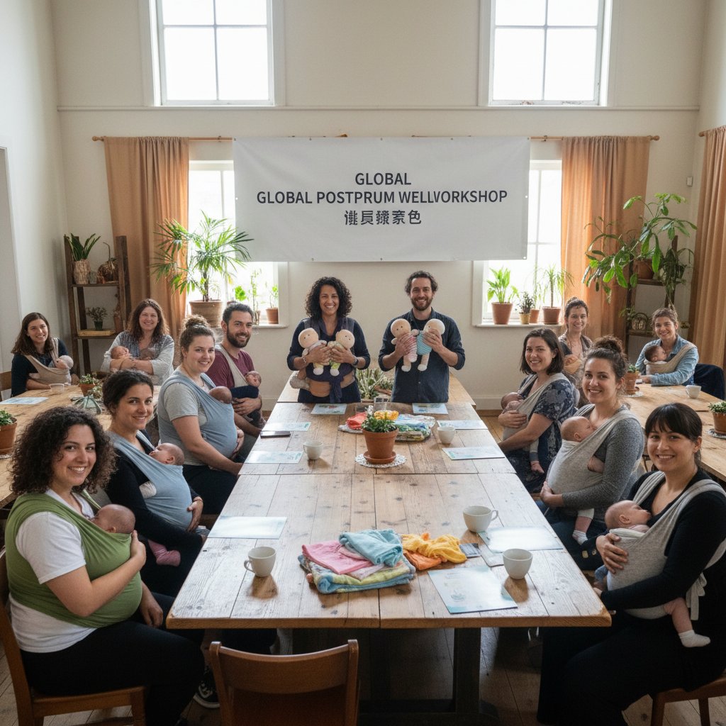 Międzynarodowa grupa kobiet i mężczyzn podczas warsztatów wsparcia po porodzie, różnorodność kulturowa