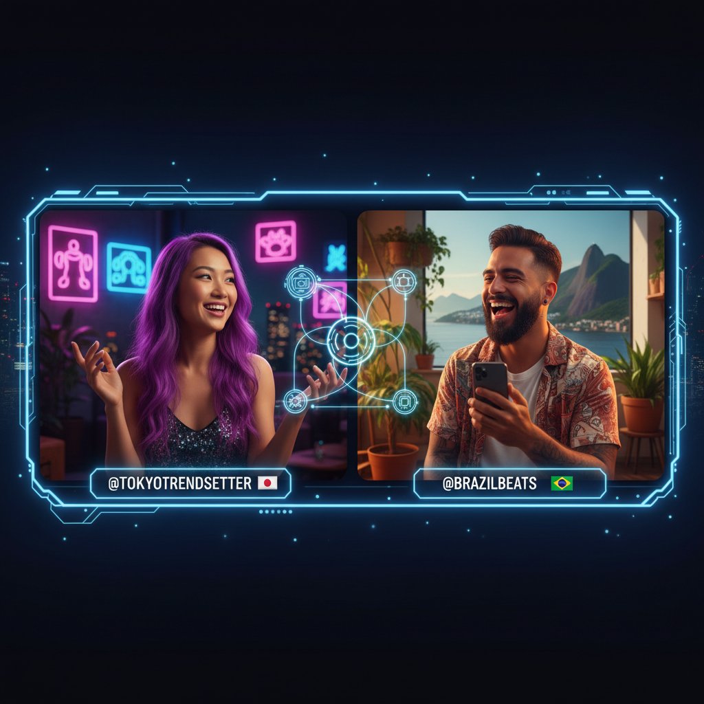 International influencers collaborate online in split-screen video call, representing global comedy cinema trends