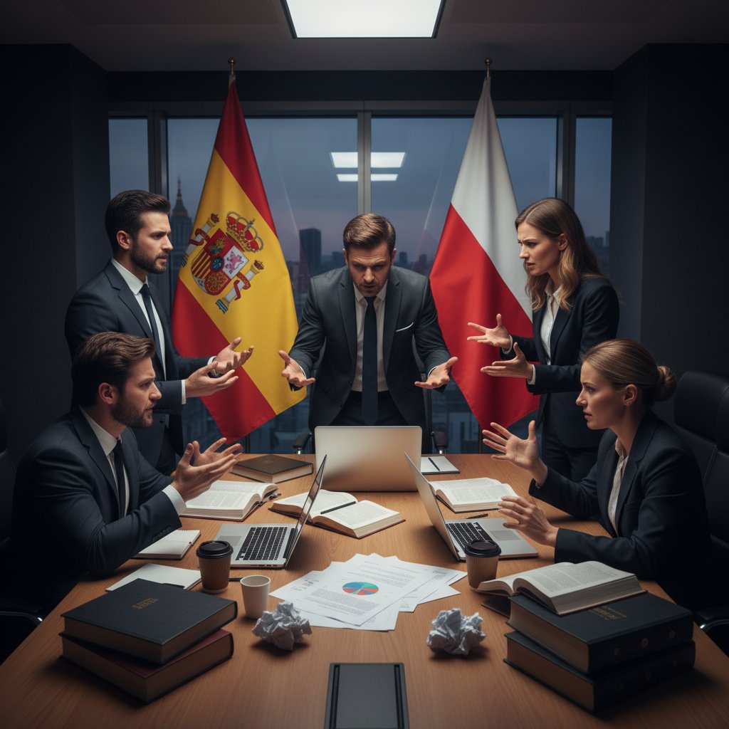 Międzynarodowa grupa prawników dyskutująca o hiszpańskim prawie; widoczne flagi Polski i Hiszpanii, otwarte kodeksy