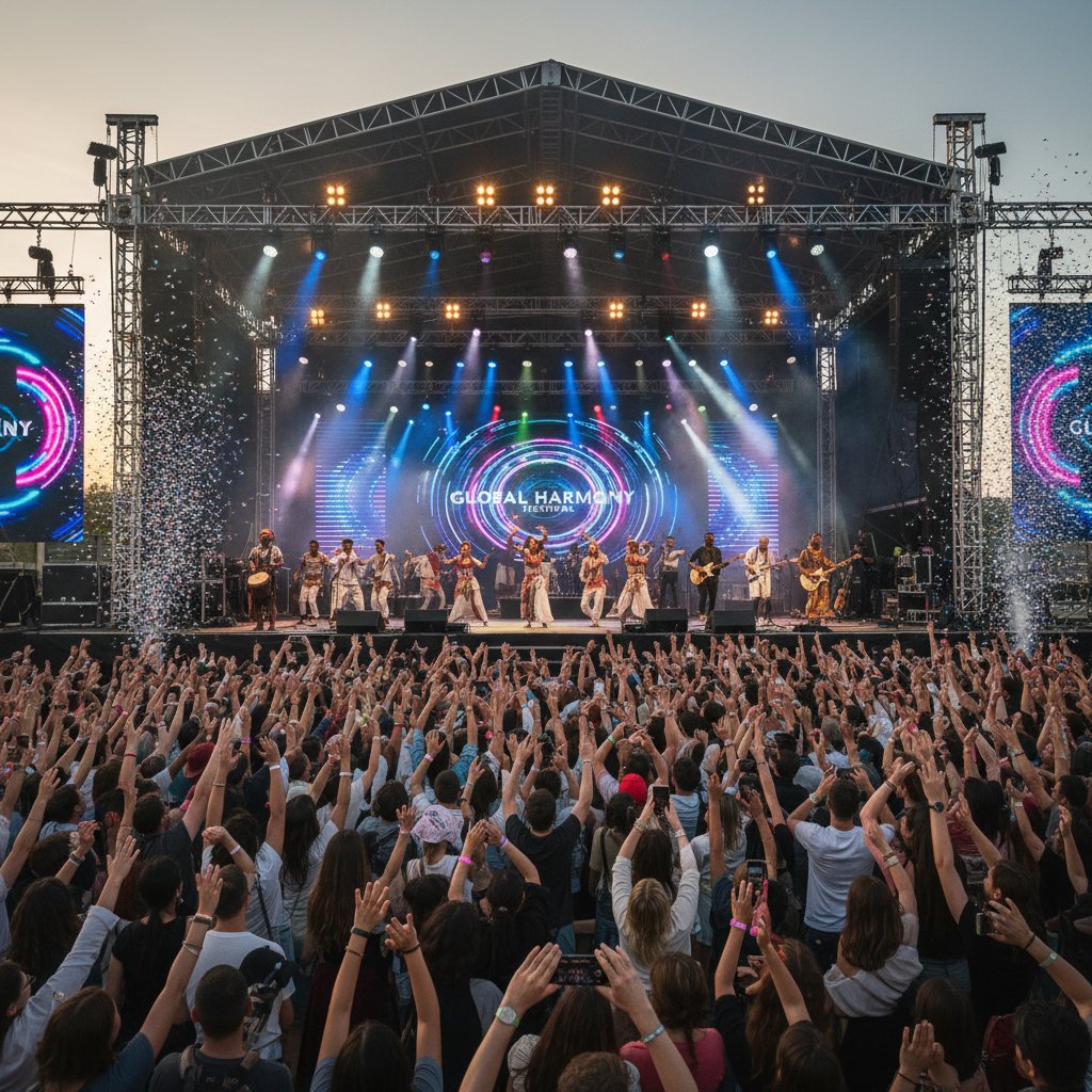 Collage of global live performances, international artists, diverse crowds, vibrant stage lighting