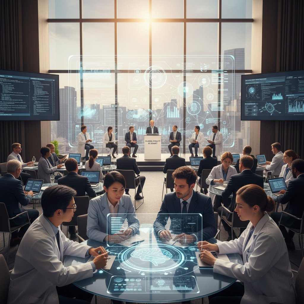 Zespół międzynarodowych lekarzy analizujący dane AI na konferencji