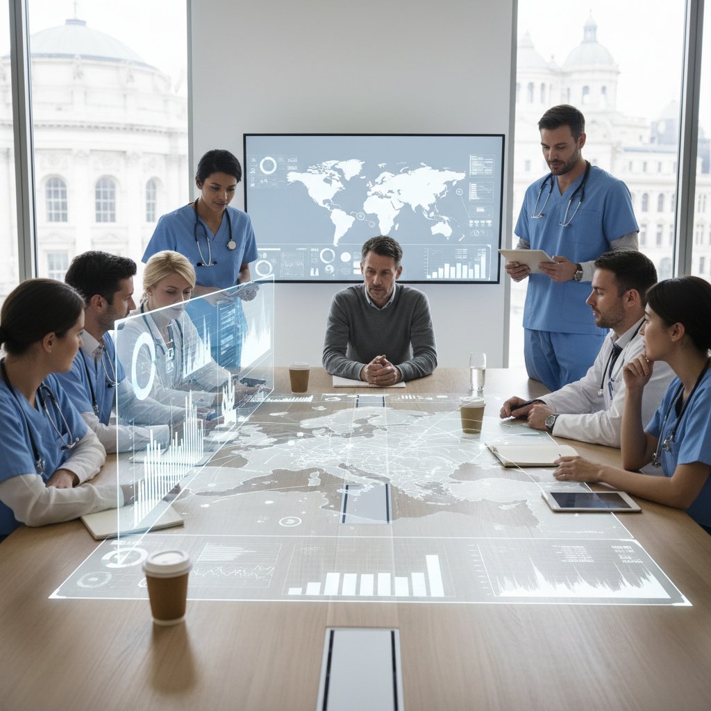 Międzynarodowy zespół lekarzy przy stole konferencyjnym, mapa Europy na ekranie z danymi