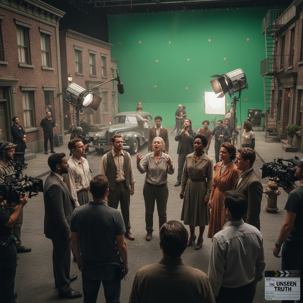 A montage of international actors on film sets, each embodying deep method acting techniques