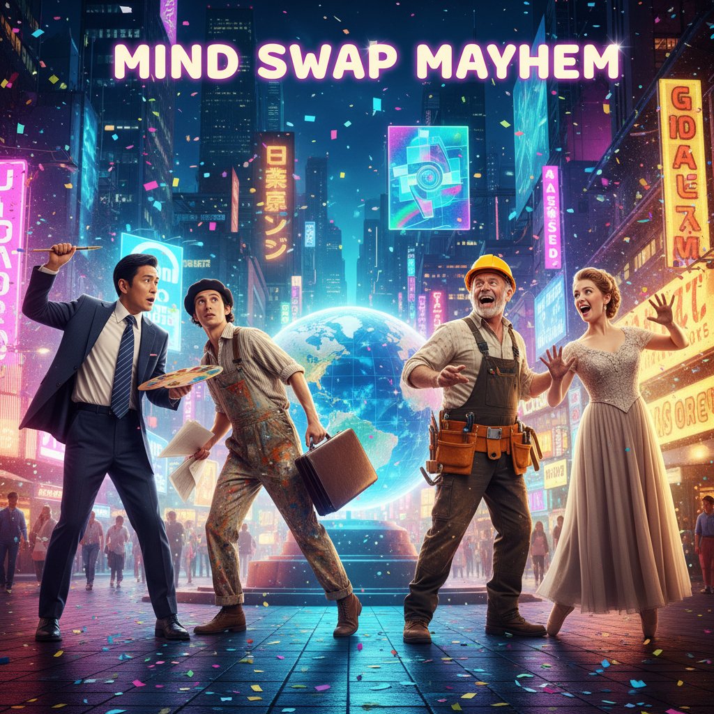 International mind swap comedy scene with colorful city backdrop, vibrant city lights, two people facing each other