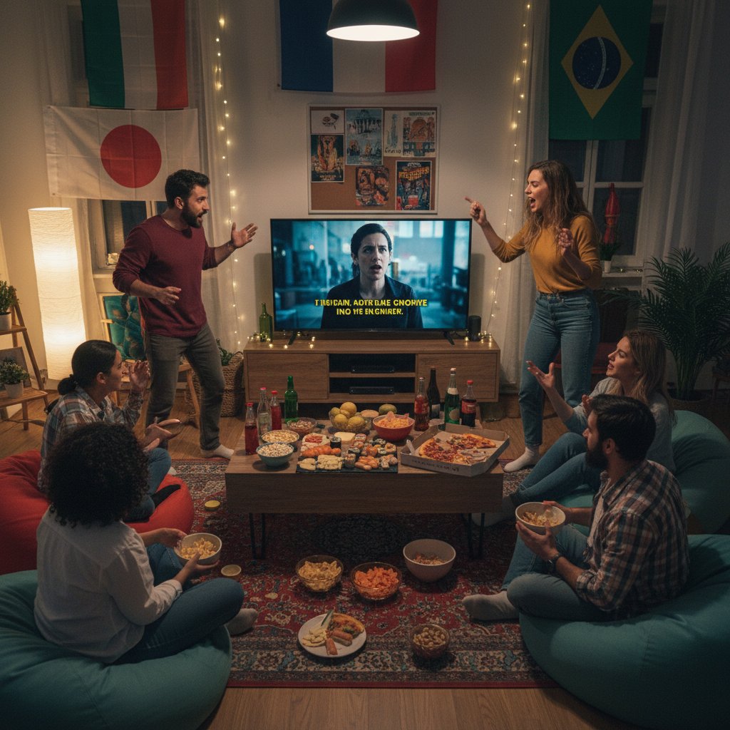 Diverse group animatedly discussing a film at home, snacks and subtitles visible, international movie night