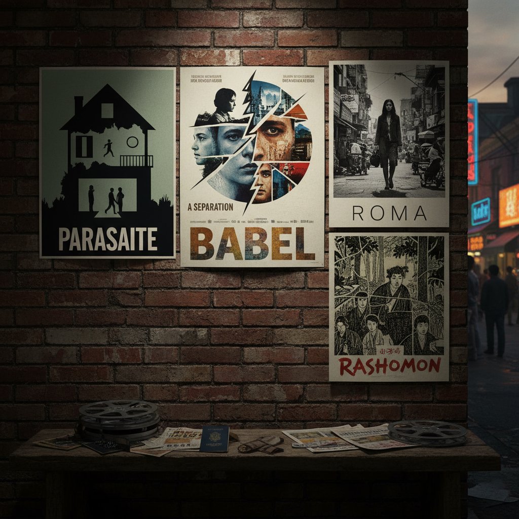 Collage of international movie posters, challenging films from around the world, diverse art styles