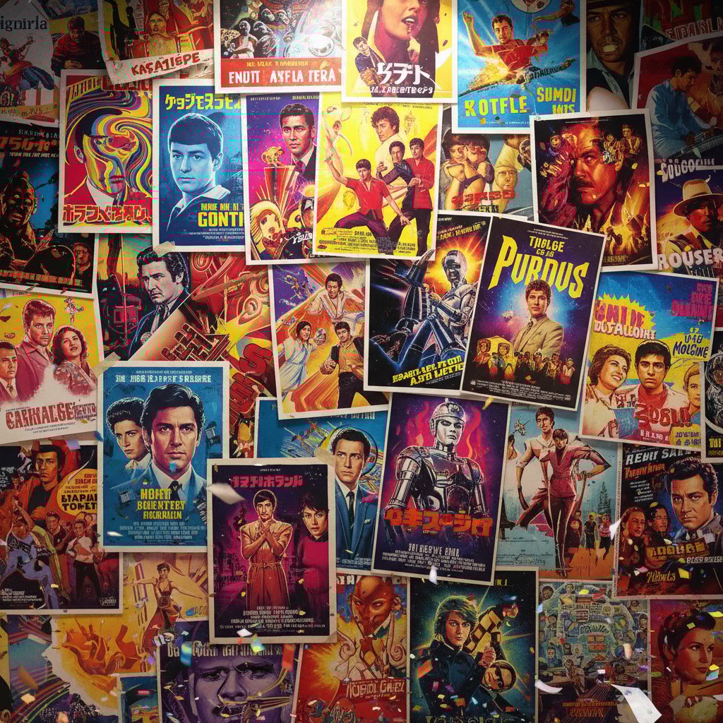 Montage of international movie posters from different decades, high color, slightly chaotic
