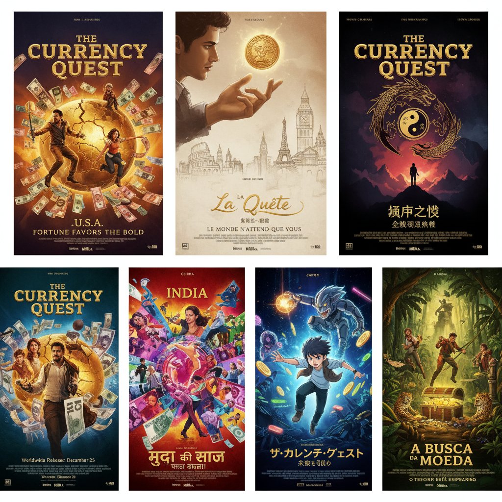 International films and currencies collage, montage of global movie posters and currency