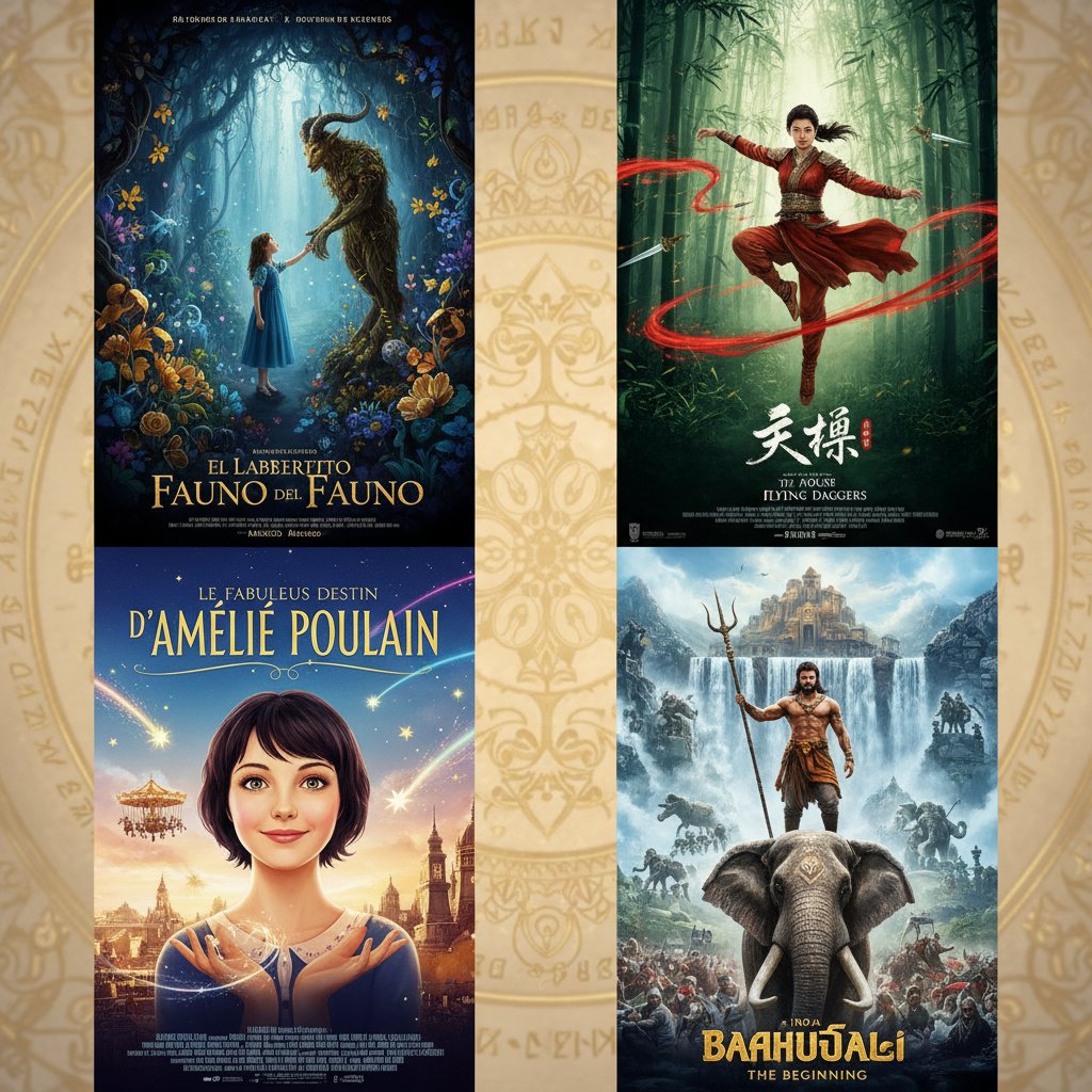 Collage of global magic movie posters featuring magical motifs, showcasing international diversity in magical cinema.