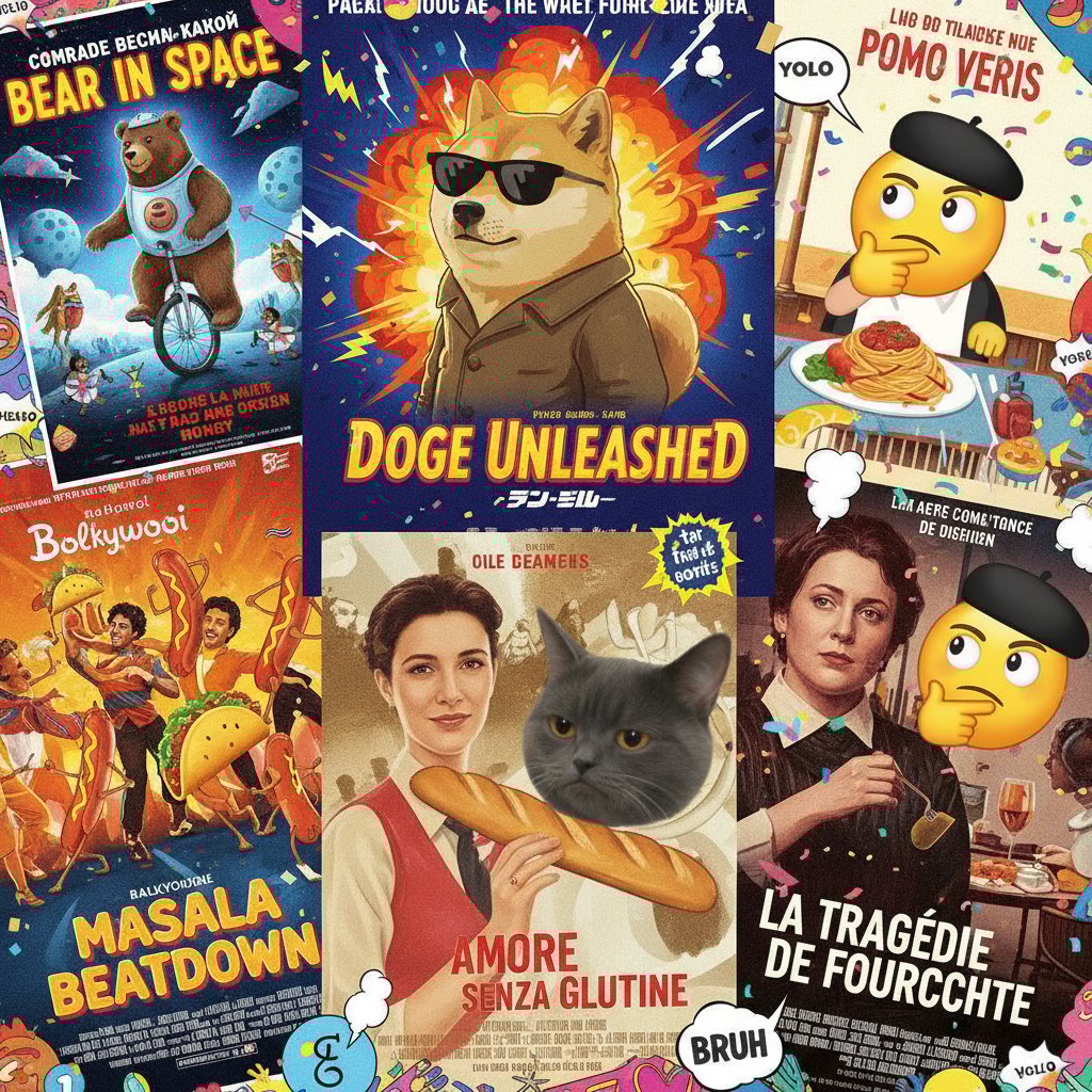 International film posters with viral meme edits, energetic collage