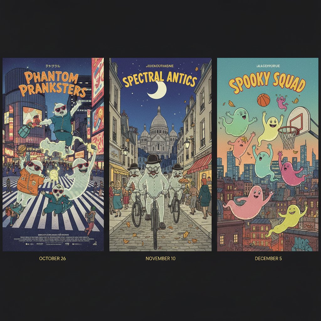 International paranormal comedy movie posters, global horror-comedy film diversity