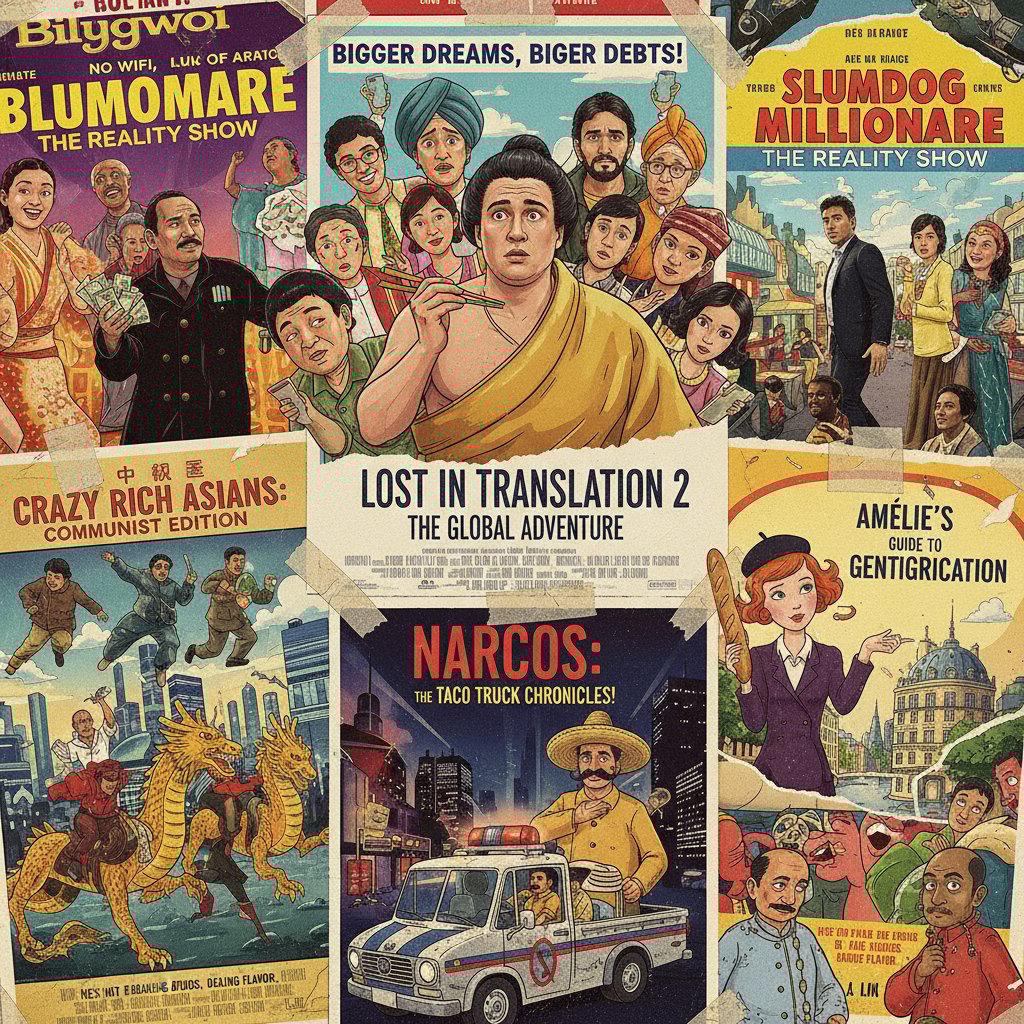 Dynamic, collage-style image of international film posters with satirical themes; energetic, multicultural composition