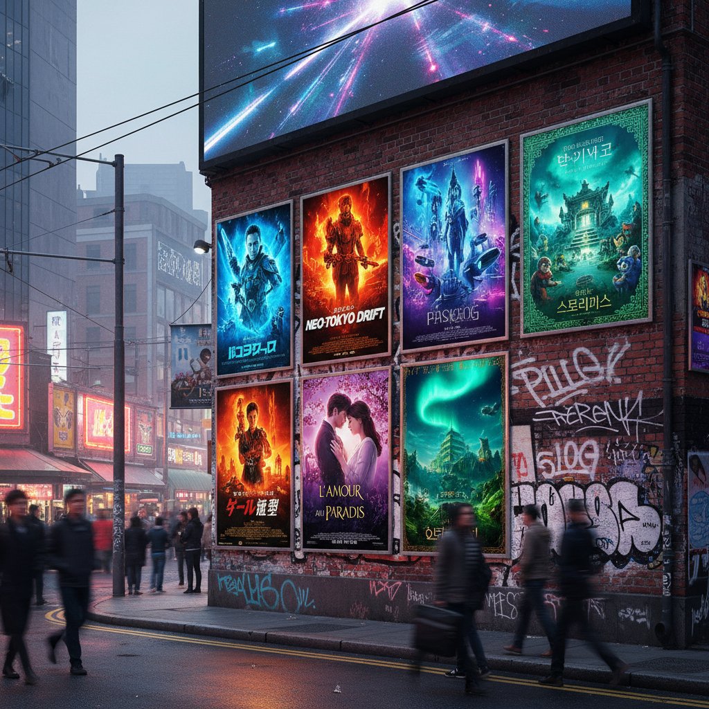 International comedy movie posters on a bustling city wall, highlighting movie rarely comedy movies from around the world