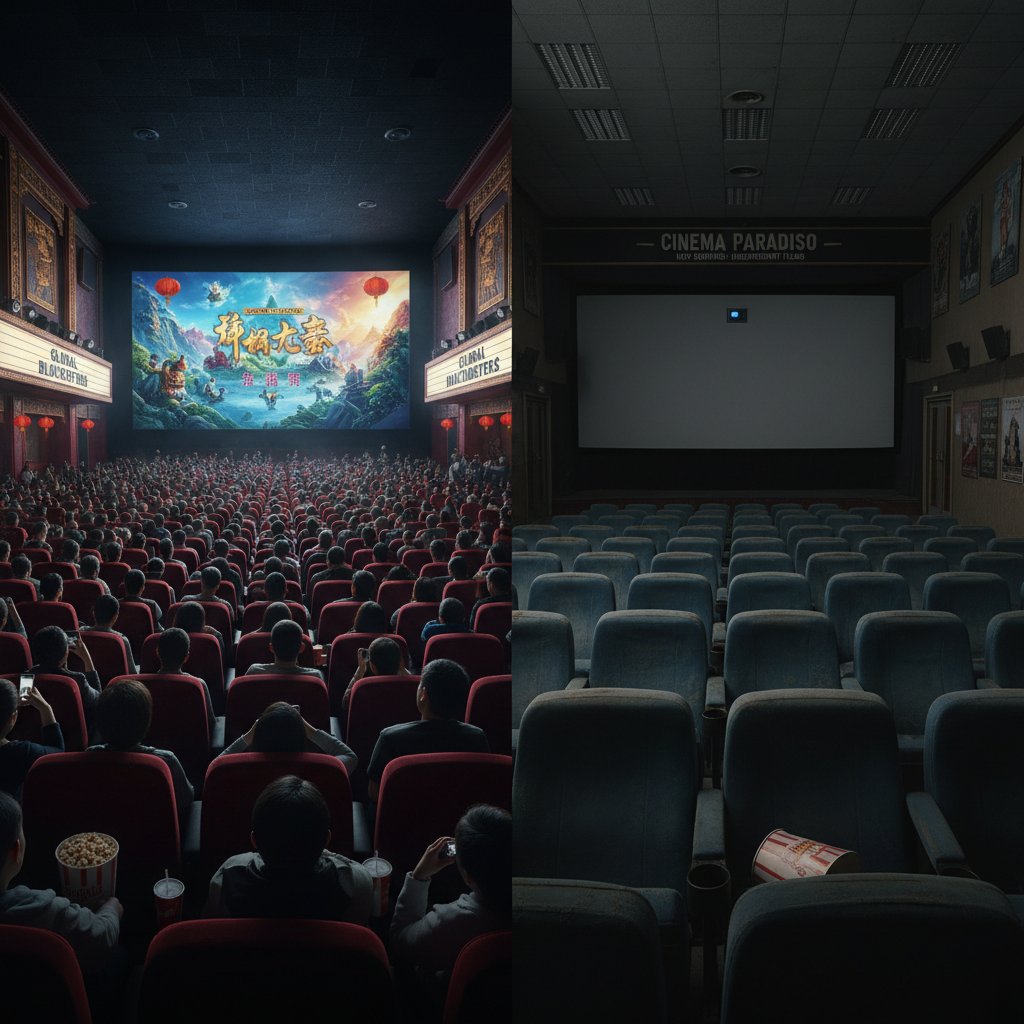 People watching international movies in a crowded Asian cinema versus empty Western theater, world cinema contrast