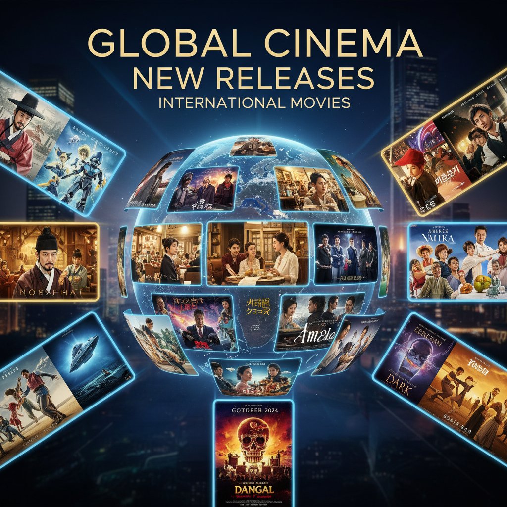 Montage of international movie posters, diverse global cinema, keywords: international movies, global cinema, new releases