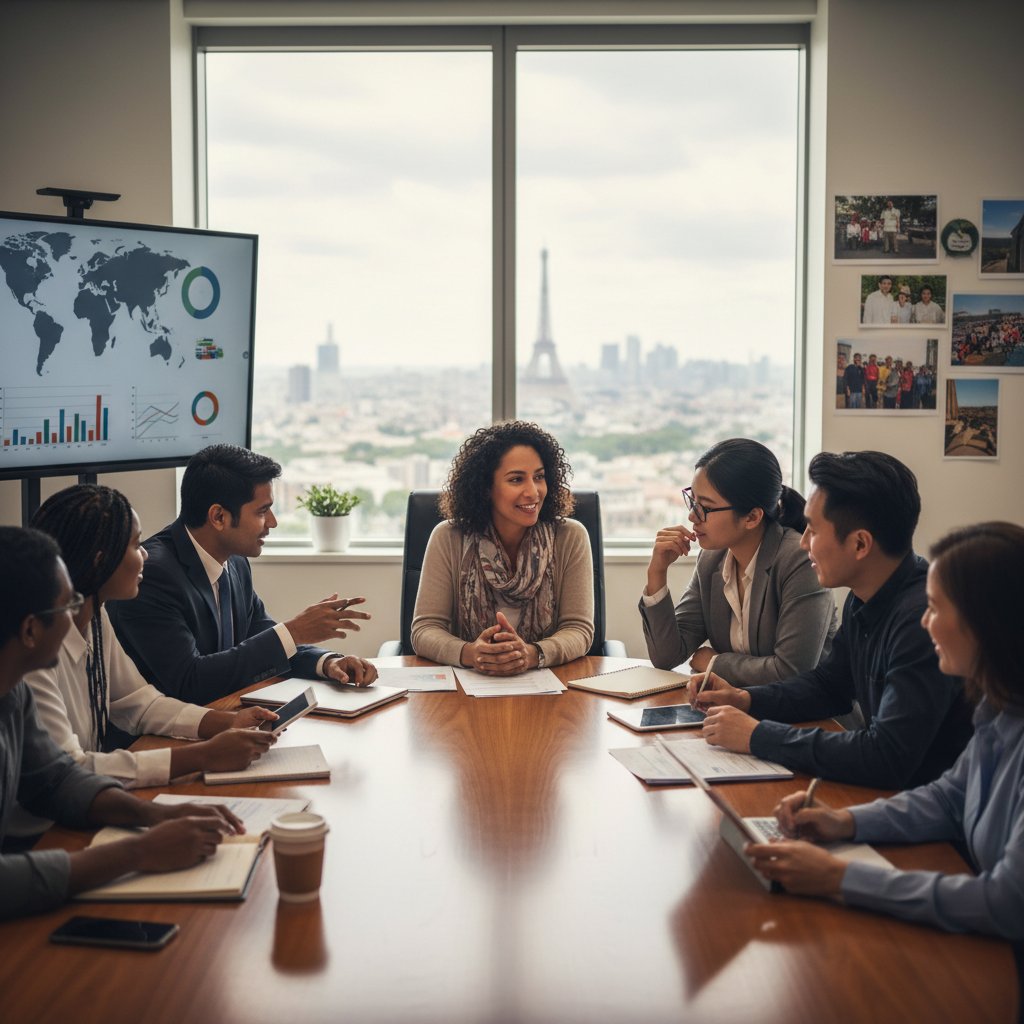 Nonprofit secretaries from different countries collaborating around a table with laptops and documents