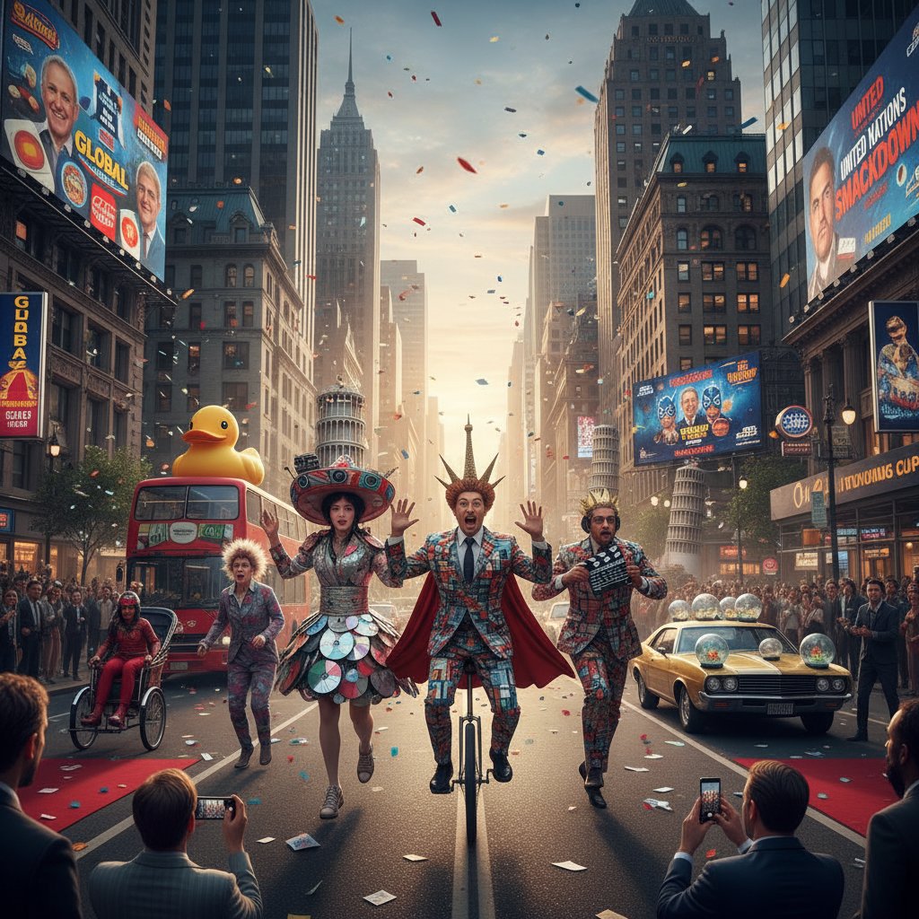 International parody movie being filmed on location in a vibrant city, actors in wild costumes, city backdrop