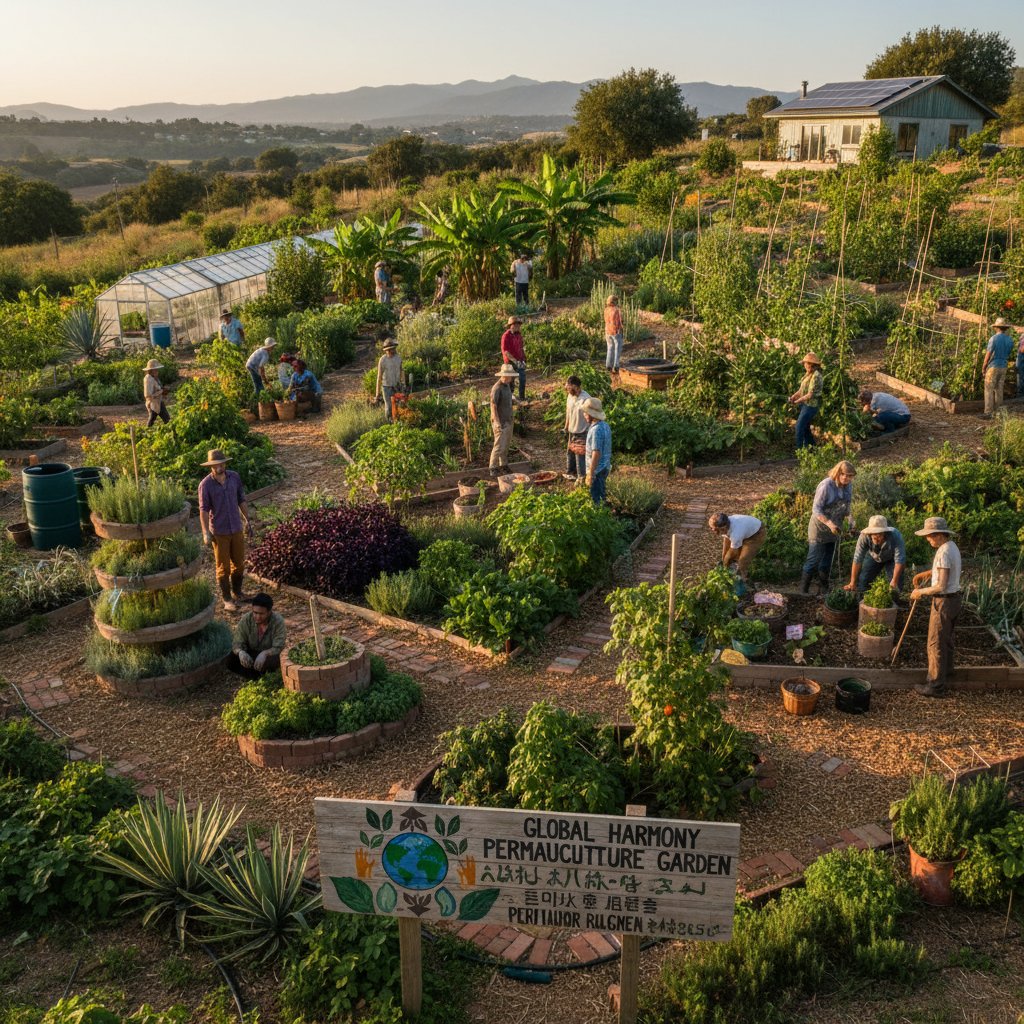 Międzynarodowy ogród permakulturowy, różnorodność roślin, ludzie z różnych kultur pracują razem