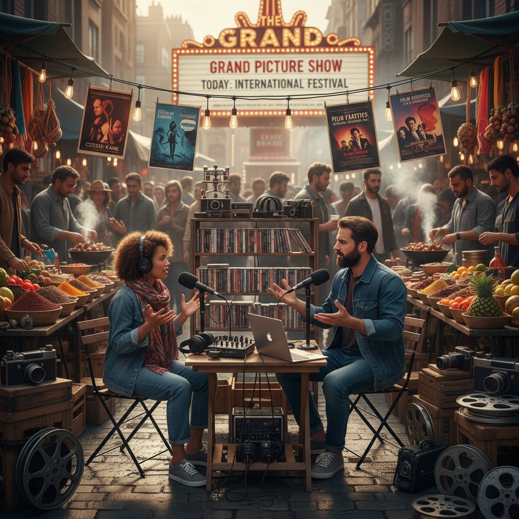 Global podcast hosts discussing cinema in outdoor setting, international podcast team, comedy movie podcast