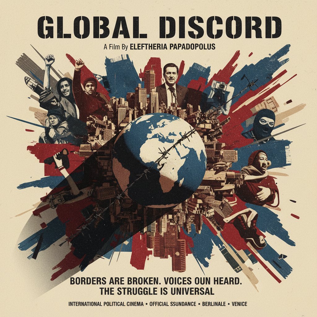 Vibrant montage of movie posters in multiple languages, urban backgrounds, energetic and rebellious mood, representing international political cinema