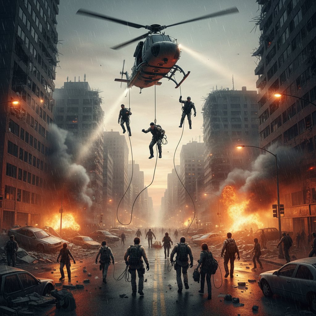 International rescue film action scene, gritty, urban chaos, dramatic rescue lighting, rescue movie keywords