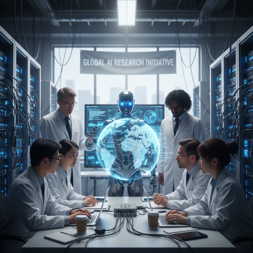 International research team collaborating online with AI assistant visualized as global data flow