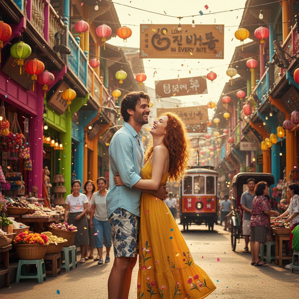 Colorful street scene from a romantic comedy set in Asia with vibrant market and characters laughing