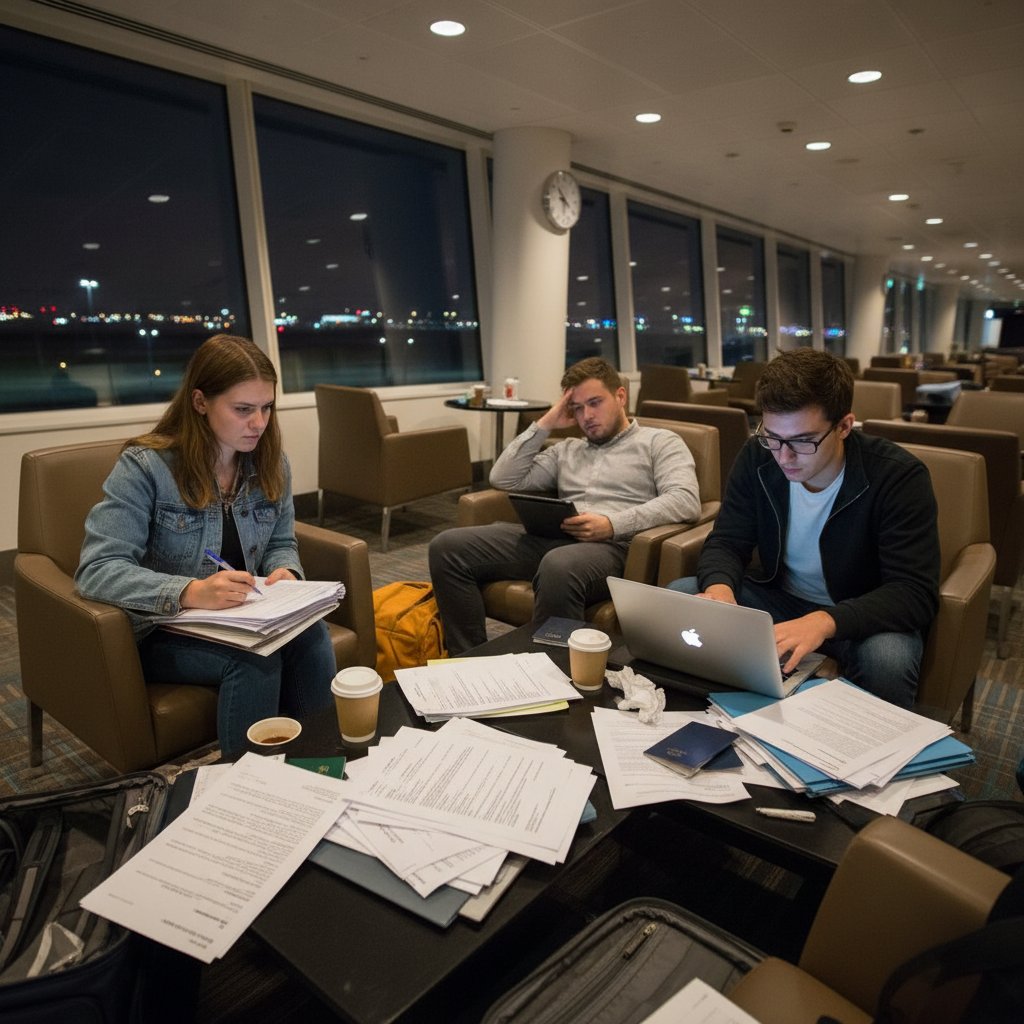 Multicultural group of students with paperwork in airport lounge, late-night, stressed but determined