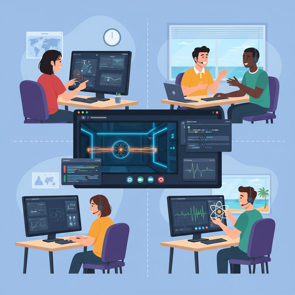 Grupa uczniów z różnych krajów pracująca razem online nad eksperymentem fizycznym