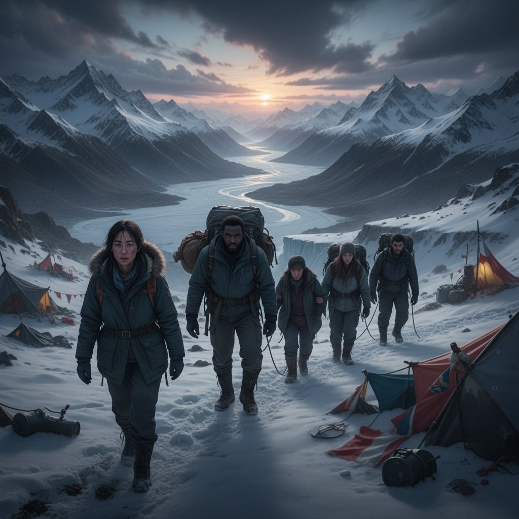 Foreign language survival film scene set in a remote landscape, with diverse cast and strong local atmosphere