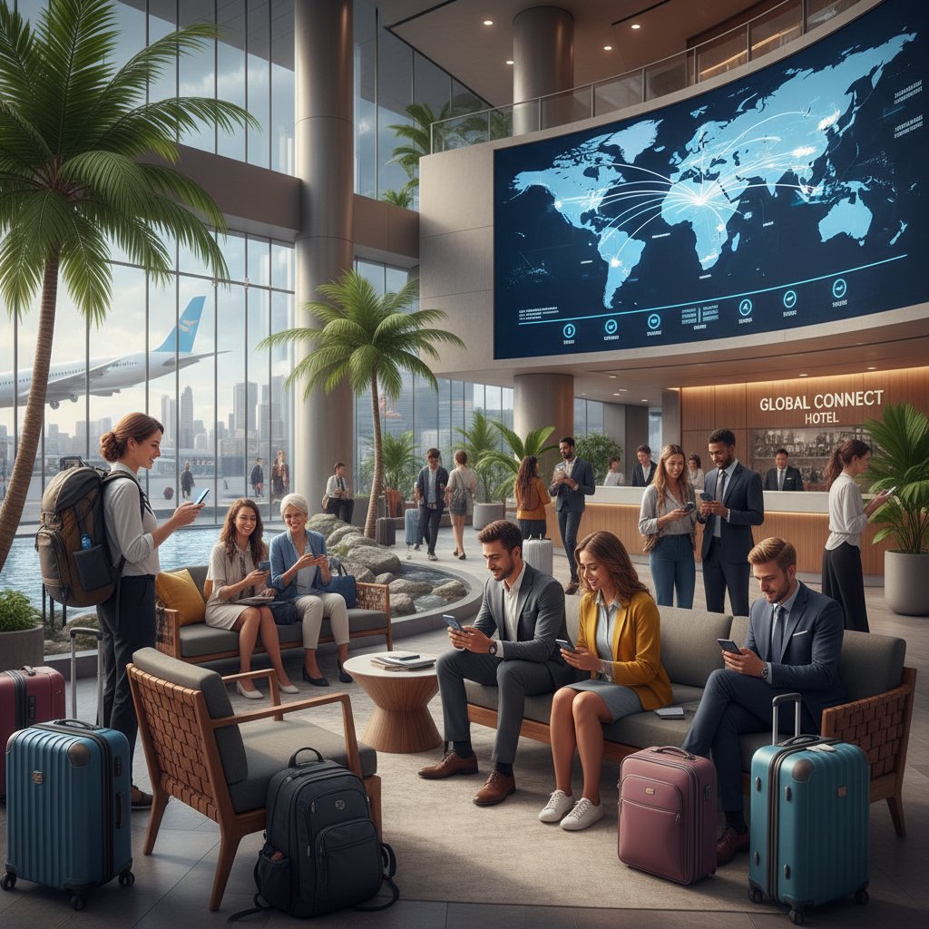 Group of international travelers using mobile key apps in a lively hotel lobby