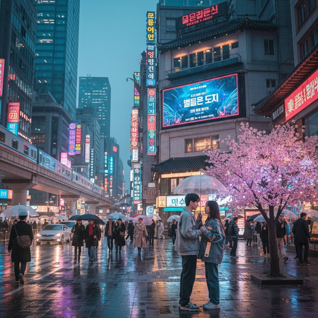 International young adult cinema scene from a Korean YA film, urban setting with vibrant colors and diverse cast