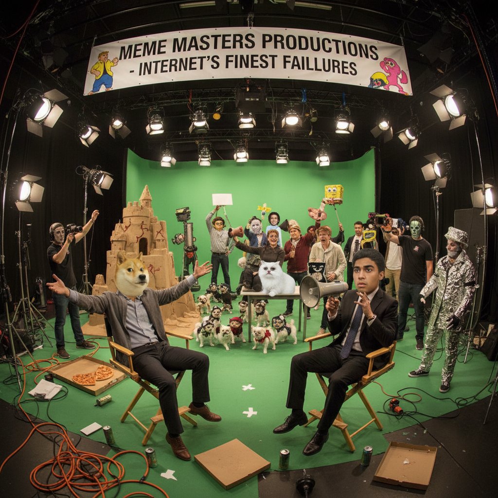 Meme characters directing films in a chaotic digital studio, humorous collage