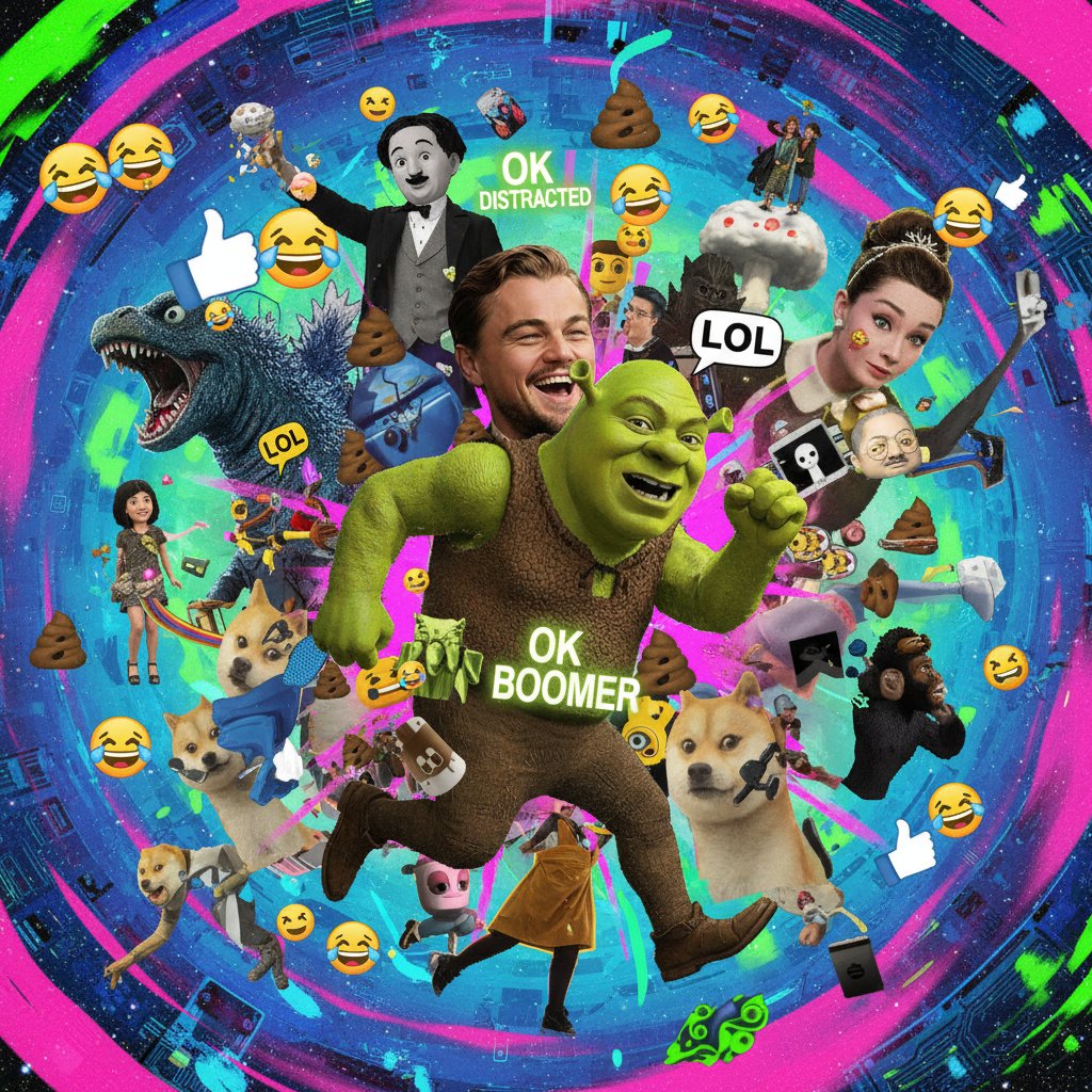A surreal photo collage of internet memes, emojis, and film icons swirling chaotically