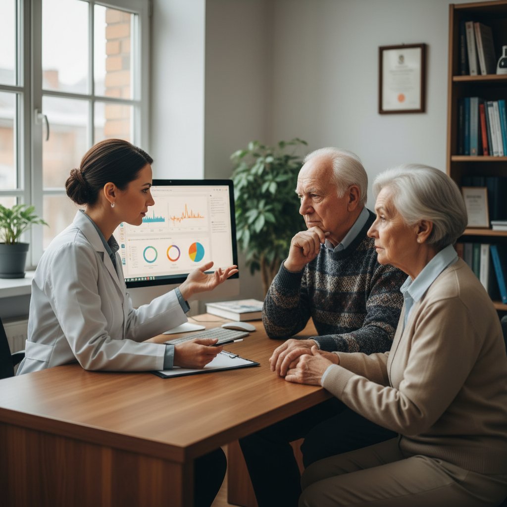 Internista wyjaśniający wyniki starszemu pacjentowi w gabinecie