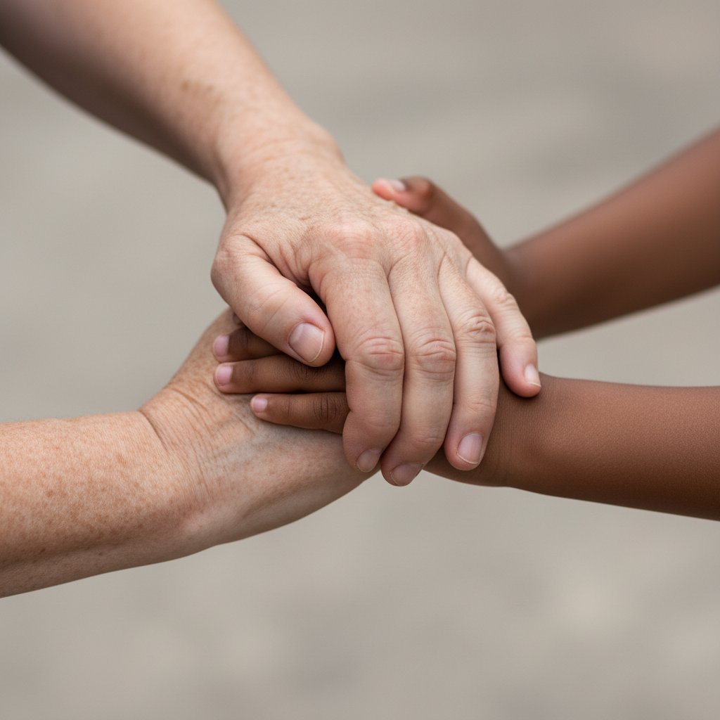 Szczepienia jako społeczna odpowiedzialność – splecione dłonie różnych osób, neutralne tło