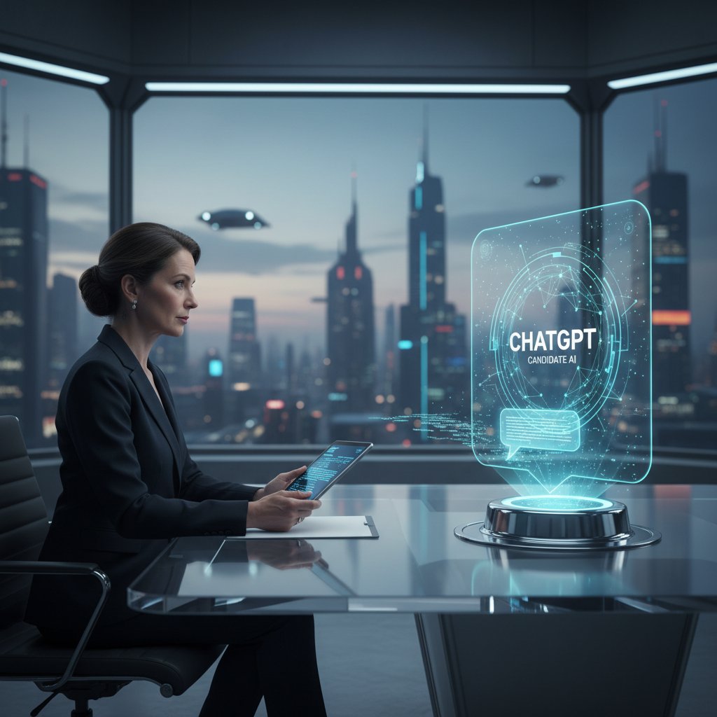 Kandydat patrzy na ekran laptopa, na którym ChatGPT generuje odpowiedź na pytanie rekrutacyjne, skupienie i napięcie na twarzy