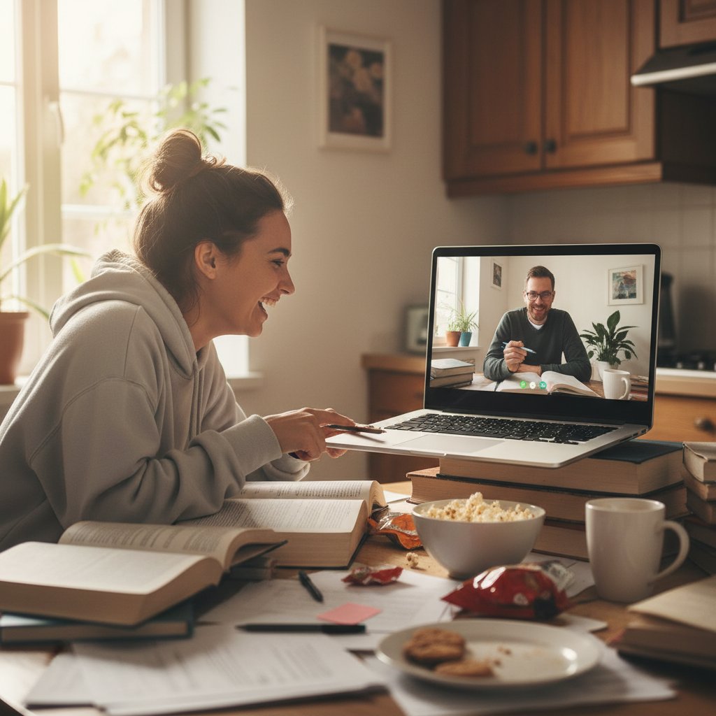 Uczeń i korepetytor ekonomii śmieją się podczas lekcji online