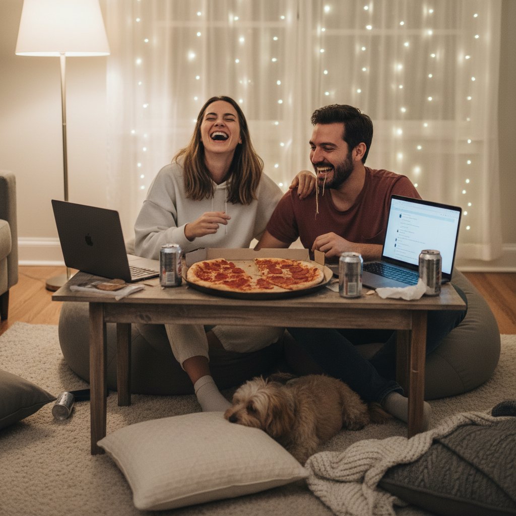 Intimate moment at home, couple laughing over pizza and laptops, illustrating micro-moments not traditional date nights