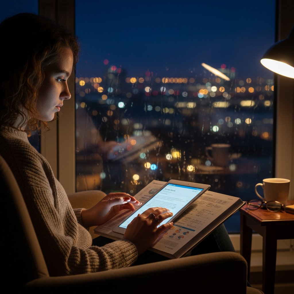 Polka ucząca się SAP online z tabletem, nocą w mieszkaniu