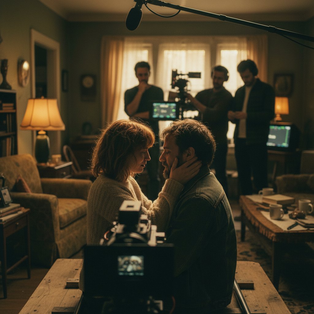 Intimate indie film set, actors in a poignant moment, natural lighting, 16:9