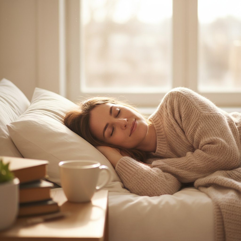 Kobieta w domu, skupiona na spokojnym oddechu.