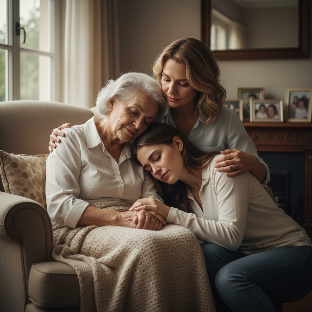 Bliska relacja pokoleń, intymny moment wsparcia i akceptacji, światło ciepłe